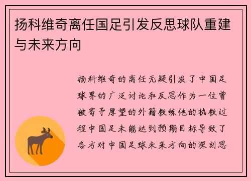 扬科维奇离任国足引发反思球队重建与未来方向